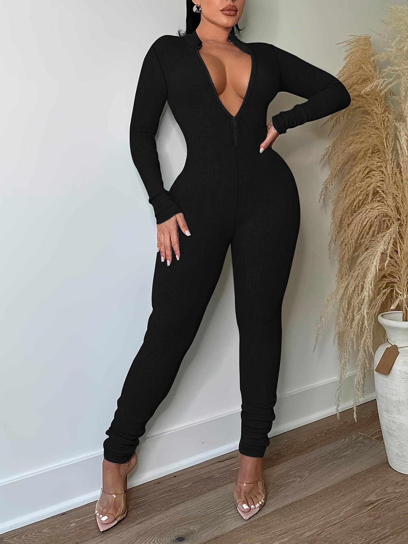 Plus Size Women's Ribbed Zipper Jumpsuit Casual Long Sleeve Bodycon Clothing