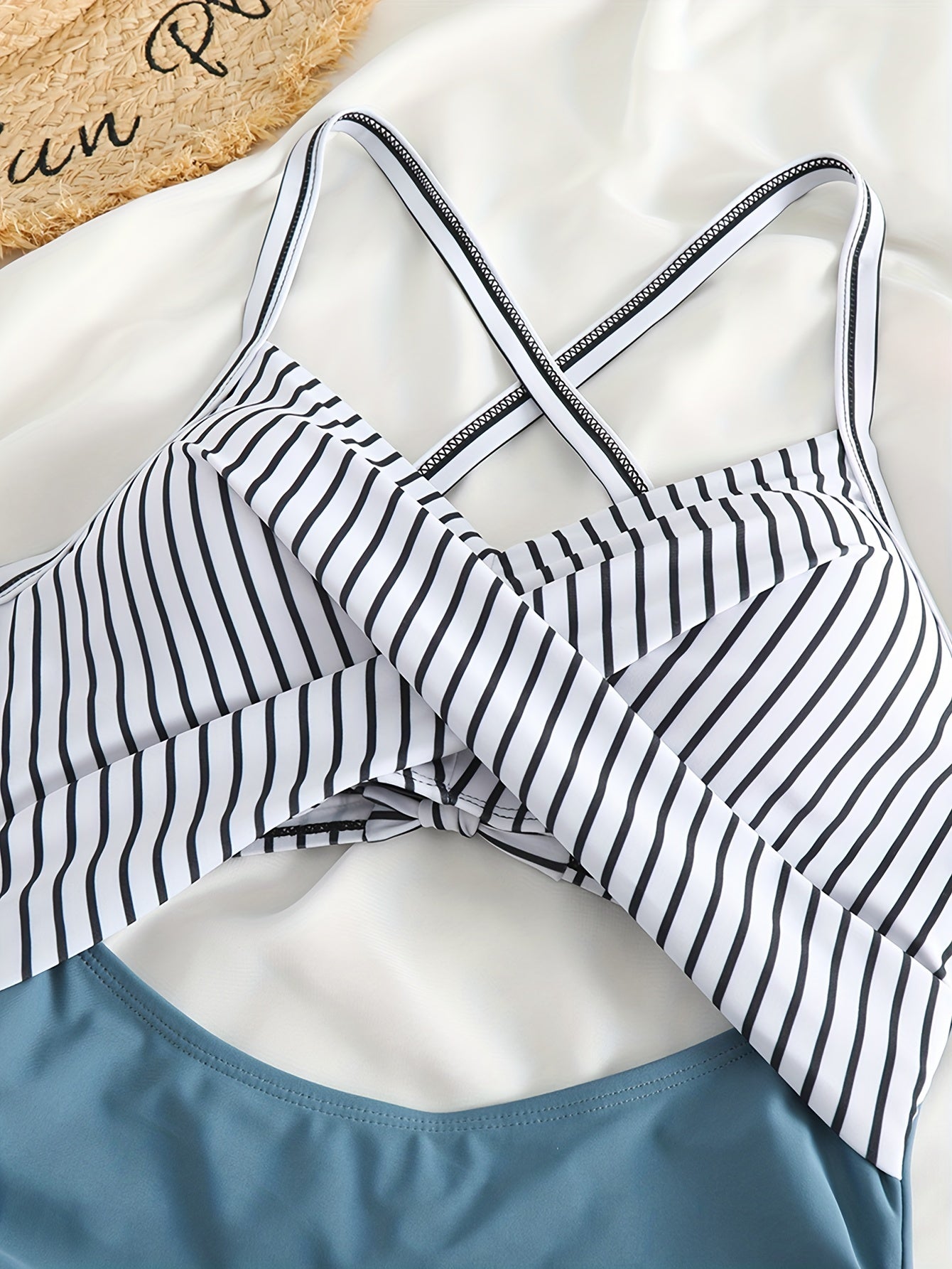 Women's Striped One-Piece Swimsuit with Cut-Out Twist and Criss Cross Tie Back