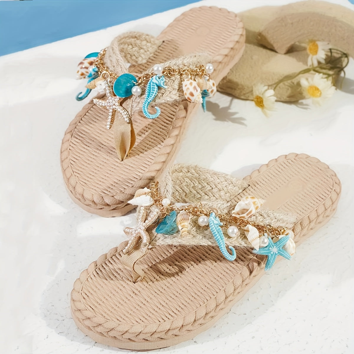 Women's Summer Flat Sandals Slip-On Open-Toe Beach Shoes with Bead Embellishments