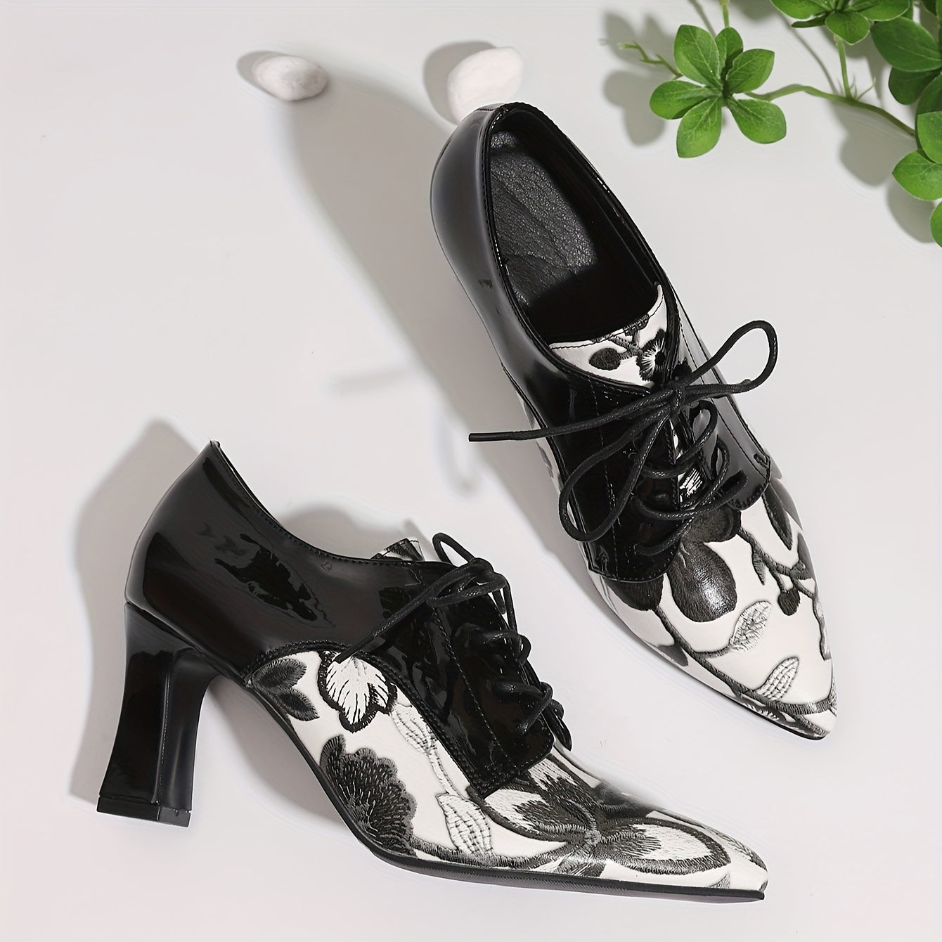 Women's Floral Mary-Jane Pumps with Block Heel Water-Resistant All-Season