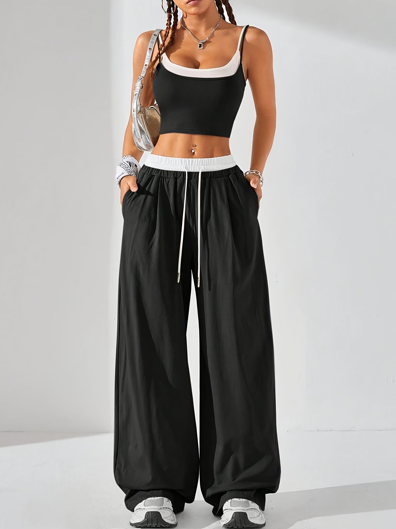 Conjunto de ropa deportiva de verano para mujer, top de tirantes de punto en bloques de color y joggers con cordón