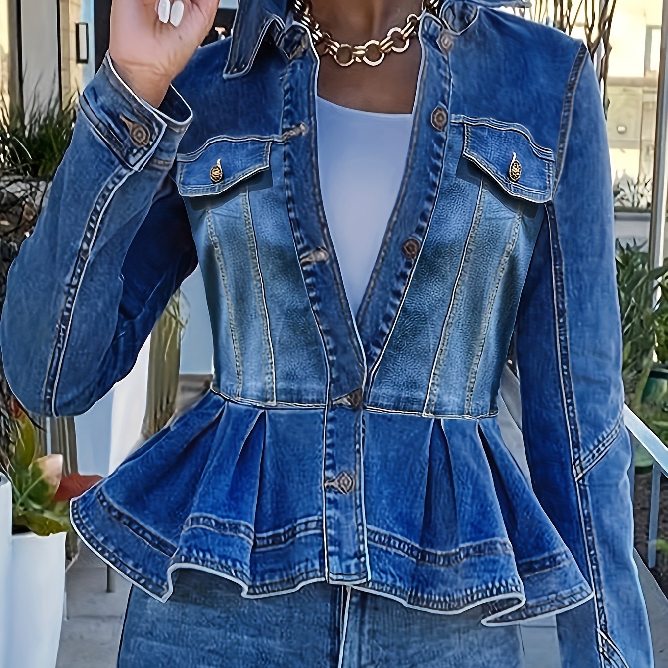 Women's Plus Size Denim Jacket Ruffle Hem Washed Blue Lightweight