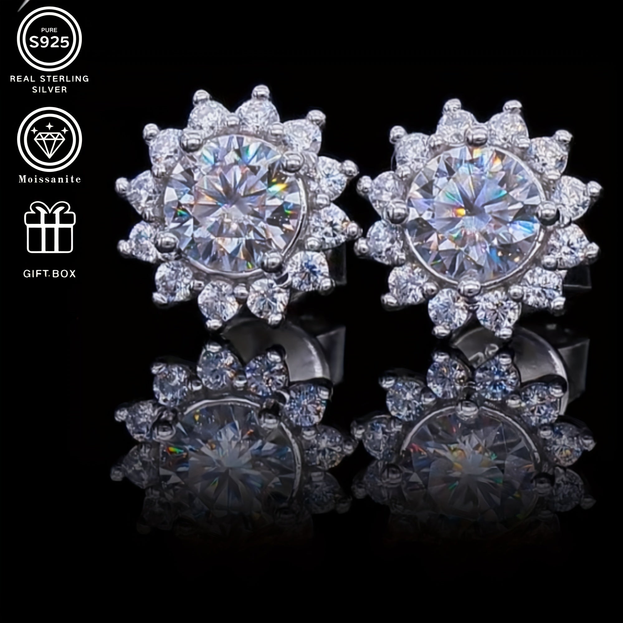 Set of 4 Moissanite Jewelry Pieces Sterling Silver Sunflower Necklace Earrings Bracelet Gift Box