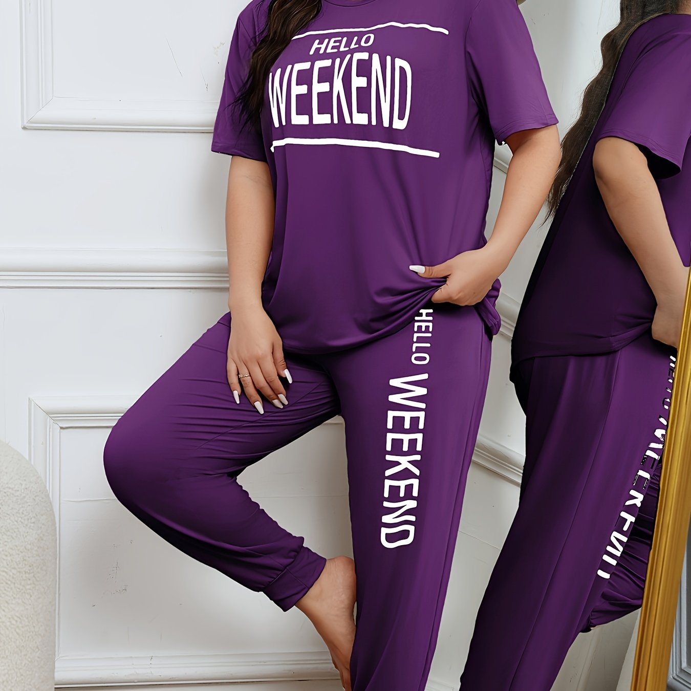 Plus Size Women's Lounge Set Beige Short Sleeve Top and Pants All-Season