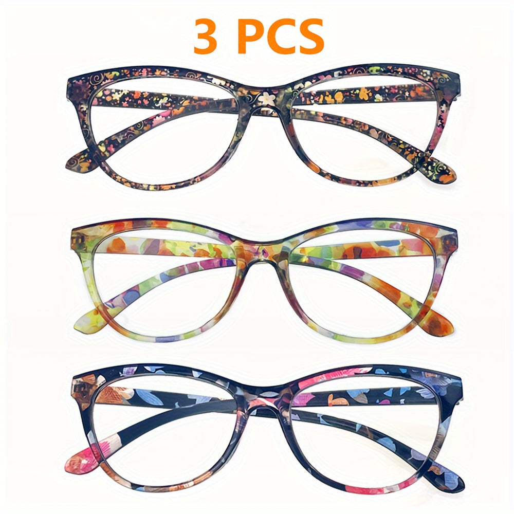 Набор из 3 стильных очков для чтения Cat Eye с защитой от синего света и цветочным дизайном