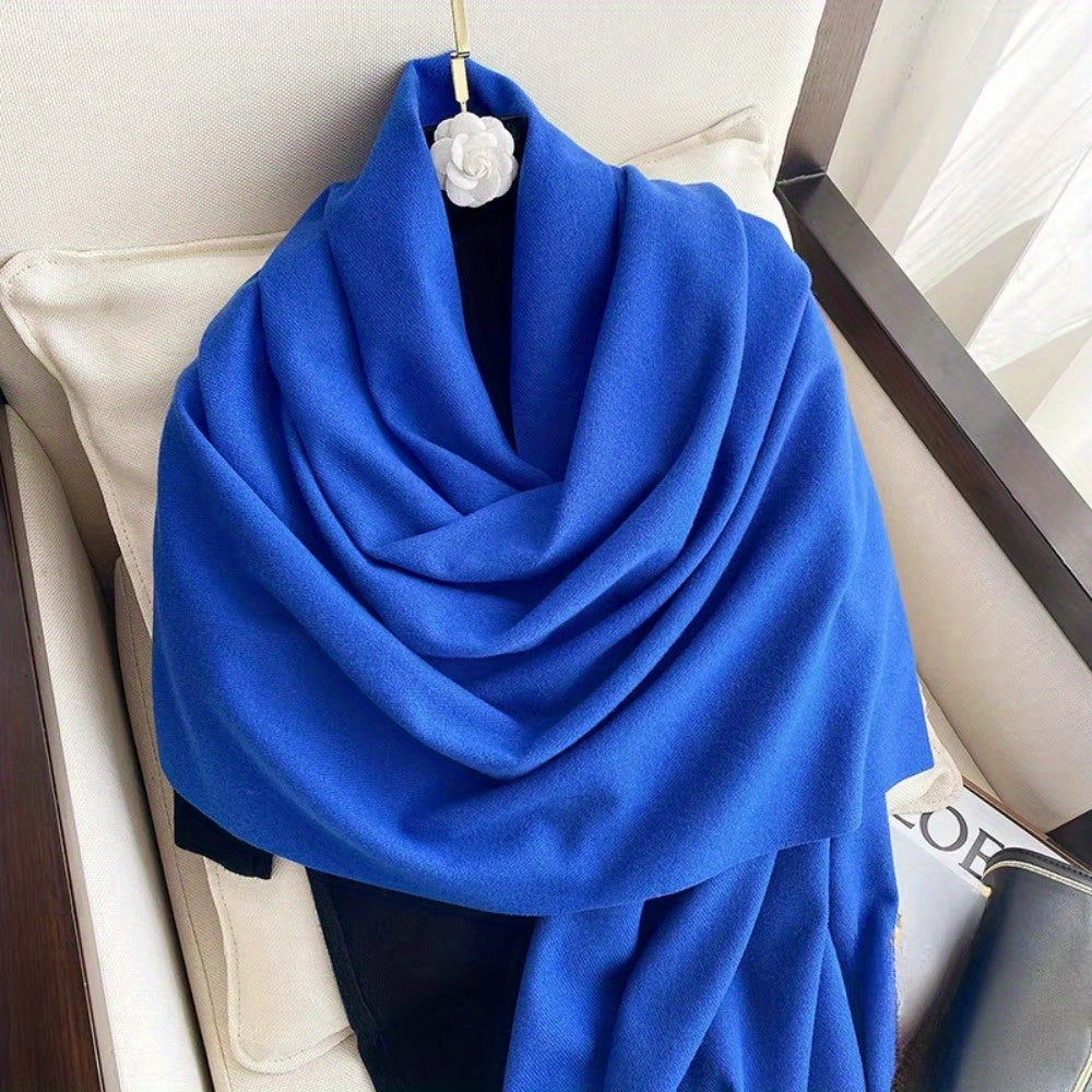 Women Black Tassel Shawl Scarf Thick Plush Wool Feel Double-Sided Cashmere Autumn Winter