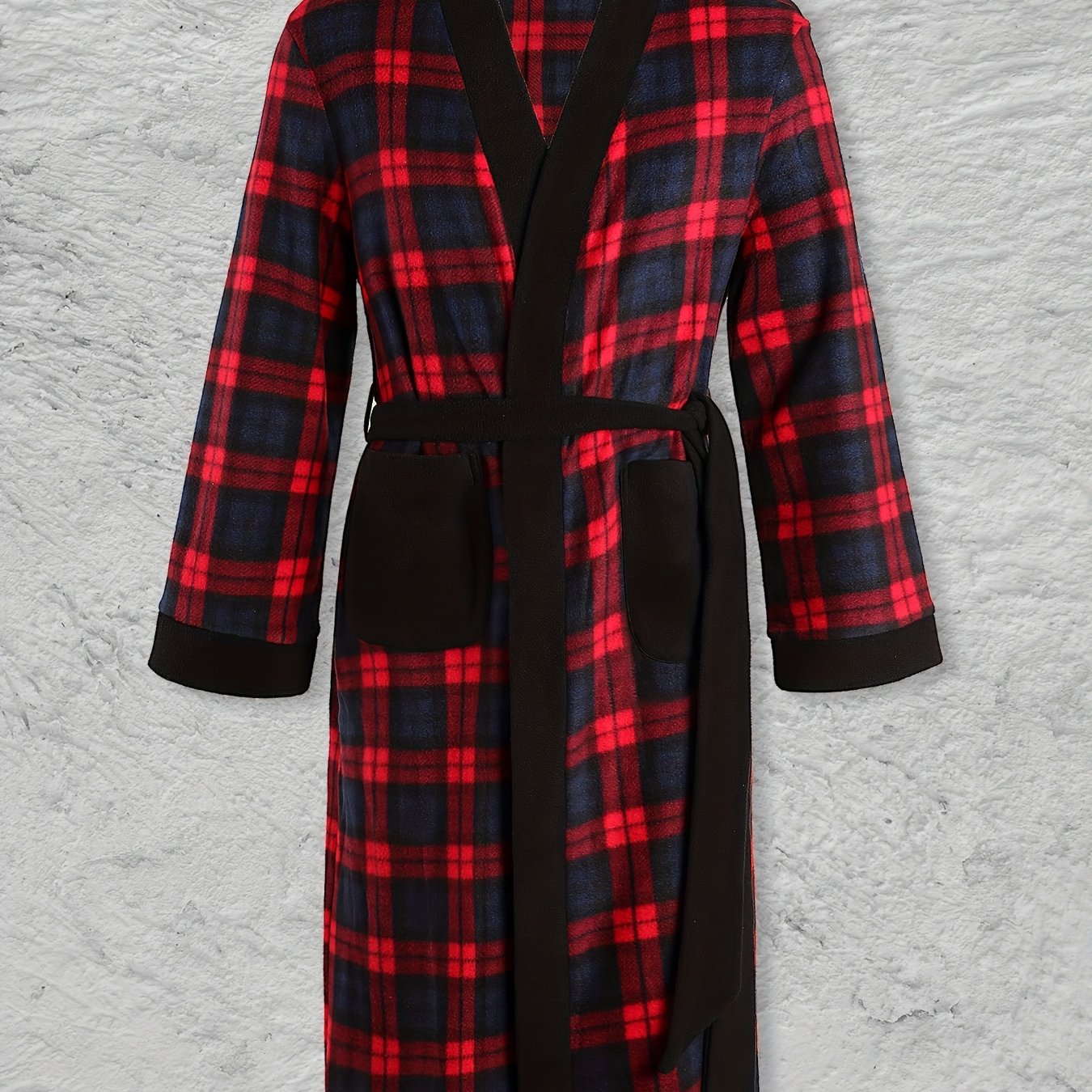 Men's Checkered Fleece Robe with Pockets, Long Sleeve, Fall Winter Lounge Nightwear