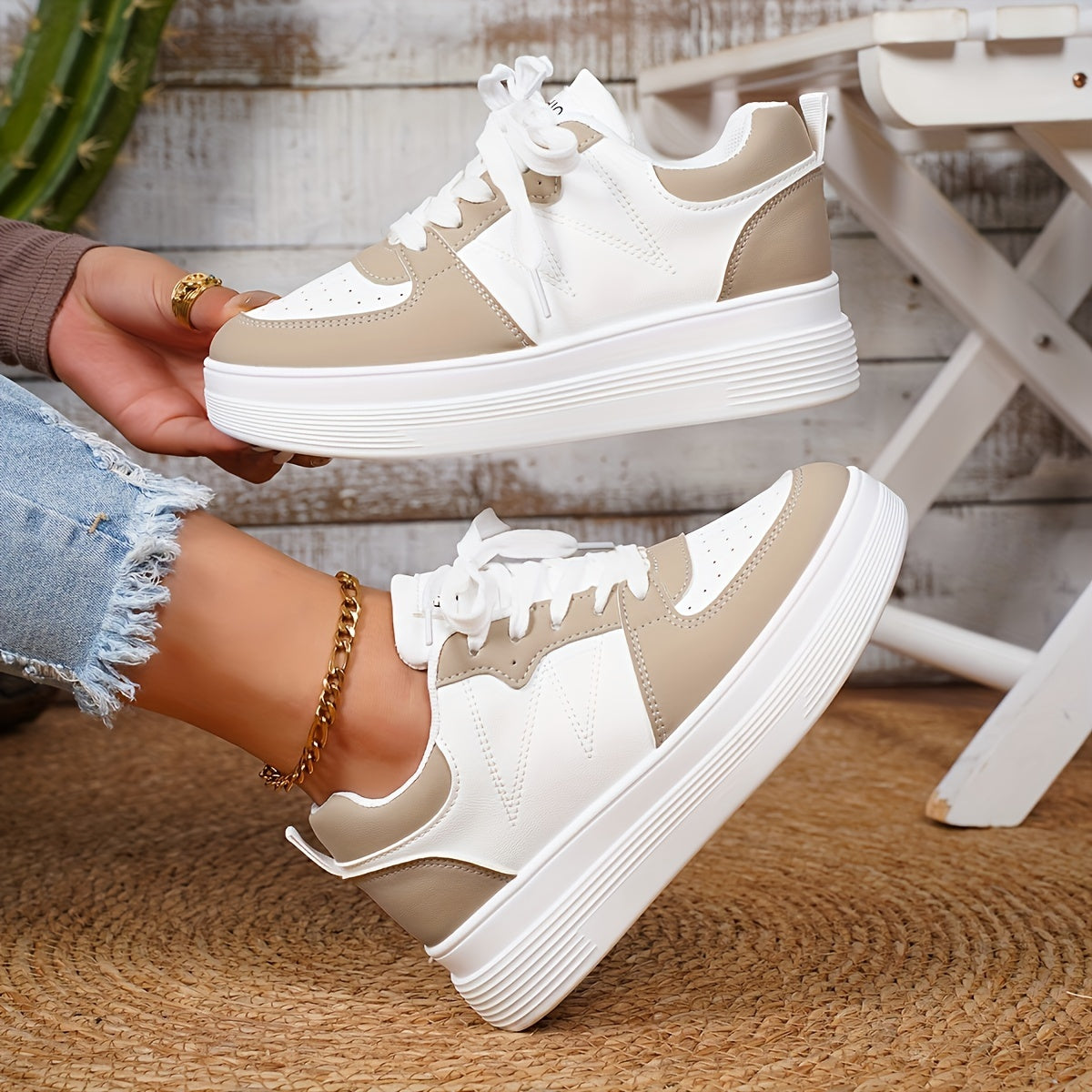 Women’s White Casual Lace-Up Sneakers Flat Shoes with Thick Sole