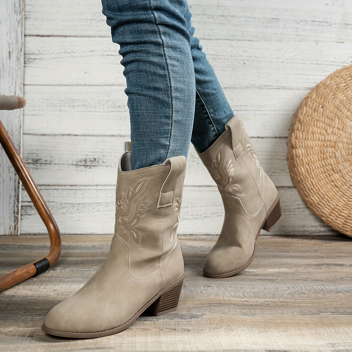 Women's Floral Ankle Boots Slip-On Mid-Heel Casual Faux Leather All-Season