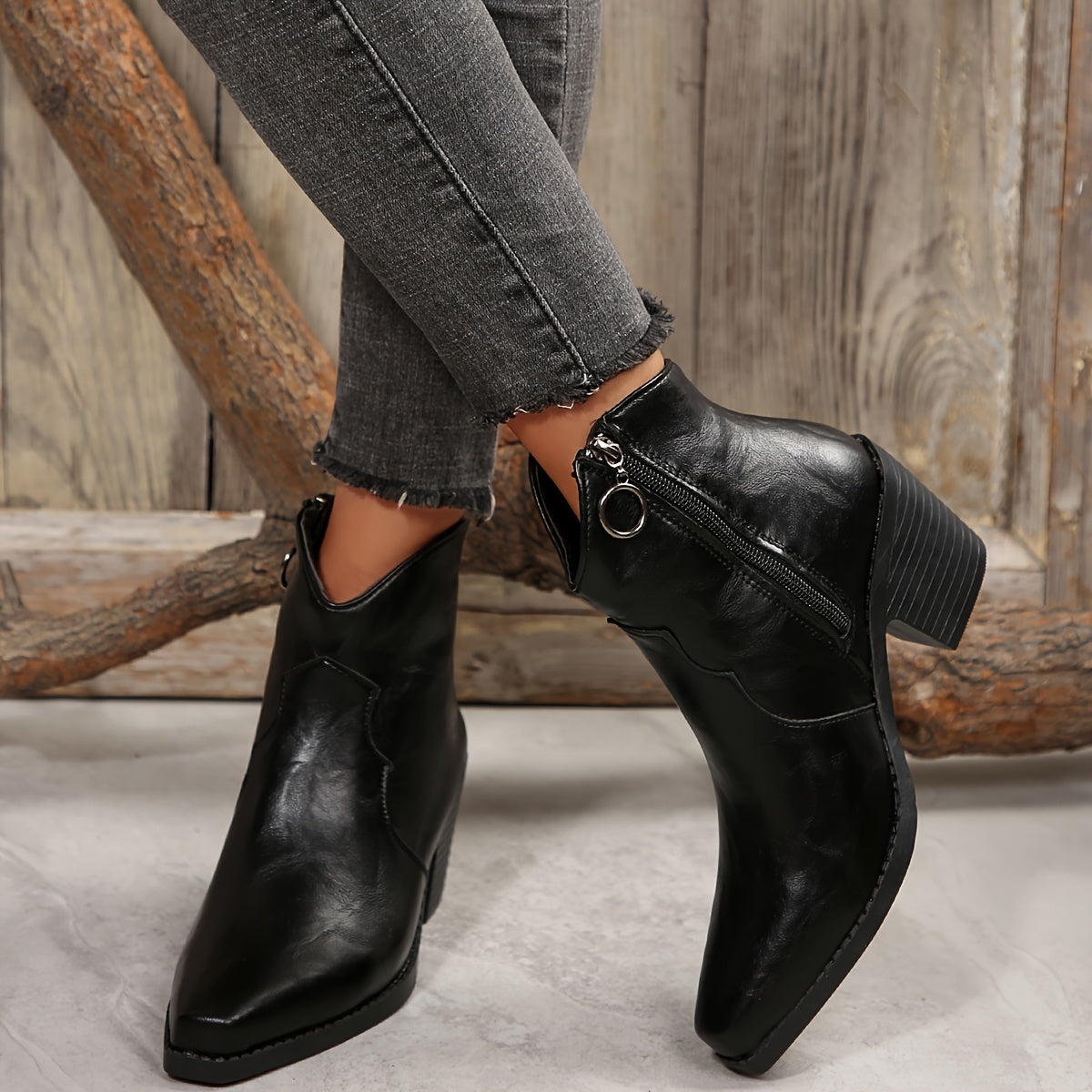 Women's Faux Cover Block Heel Ankle Boots Brown Pointed Toe Non-Slip Rubber Sole