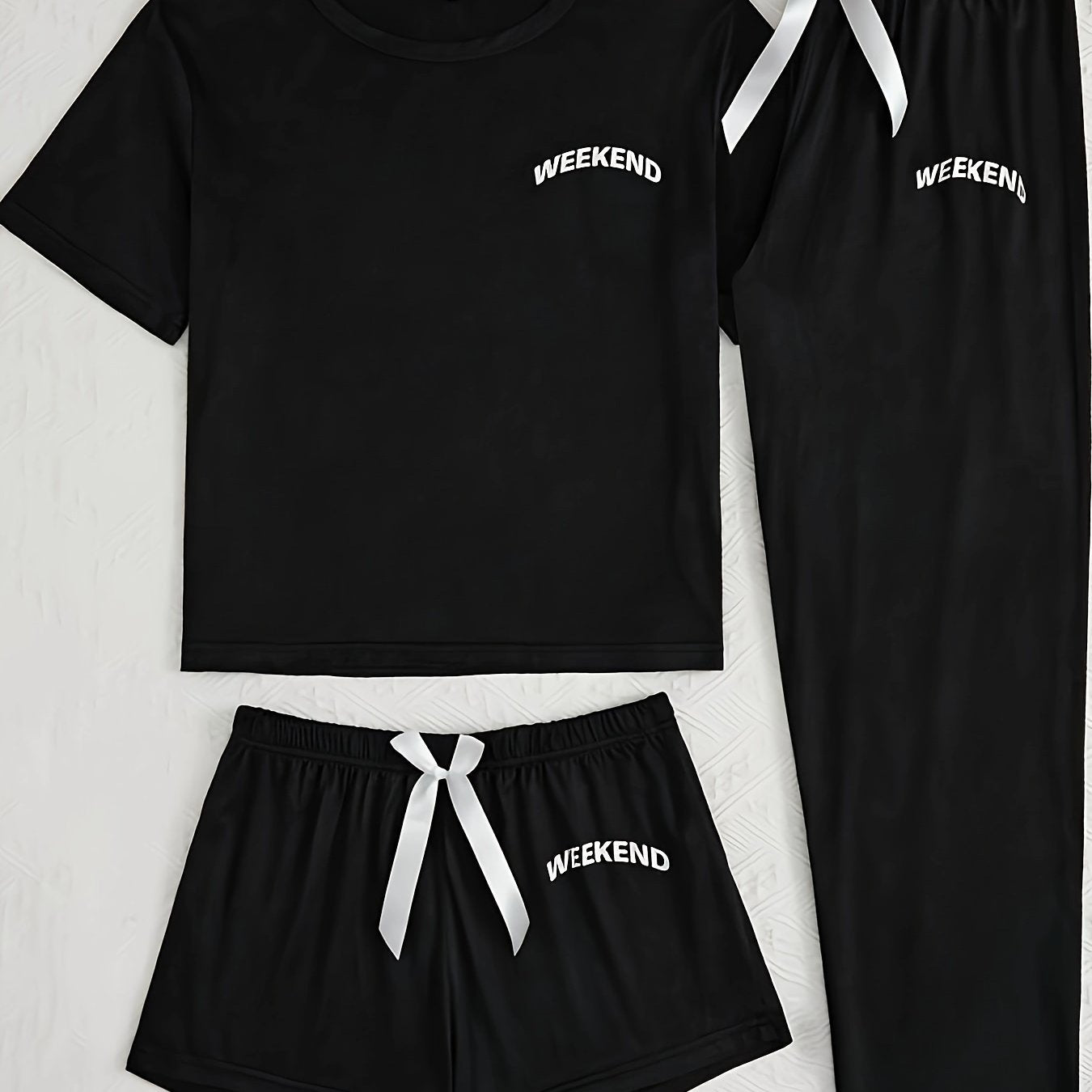 Women's 3-Piece Pajama Set with "Weekend" Print Casual Loungewear Polyester Elastane