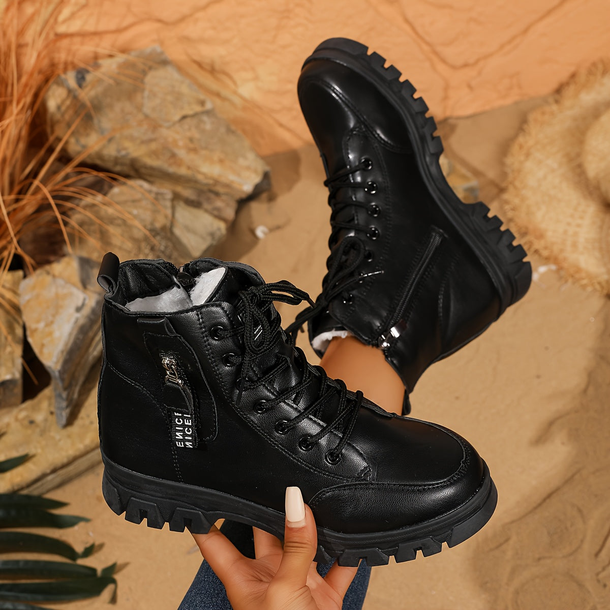 Women's Black PU High-Top Ankle Boots with Rubber Soles and Lace-Up Closure