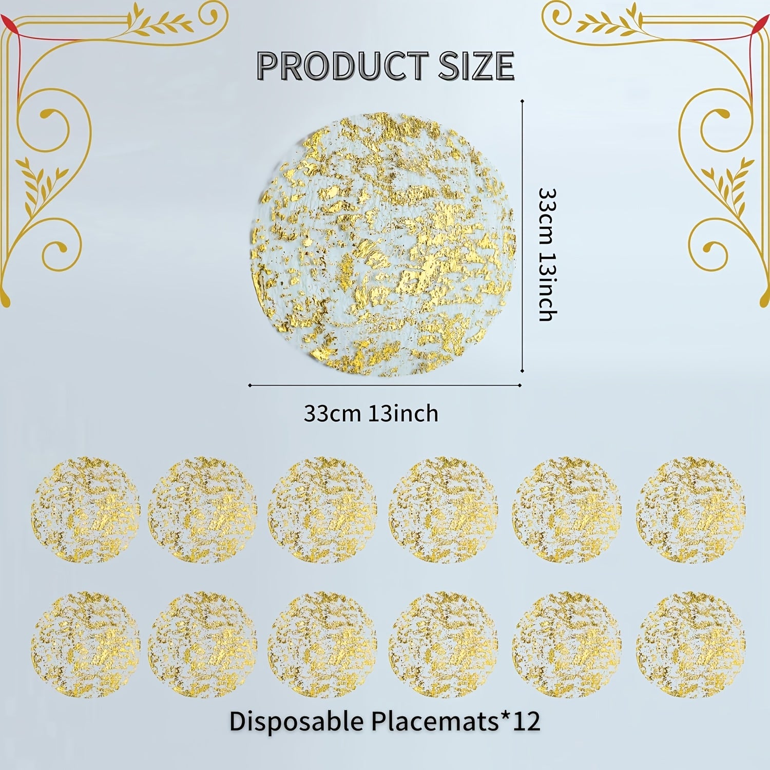 12-Piece Gold Glitter Foil Round Placemats for Weddings and Celebrations