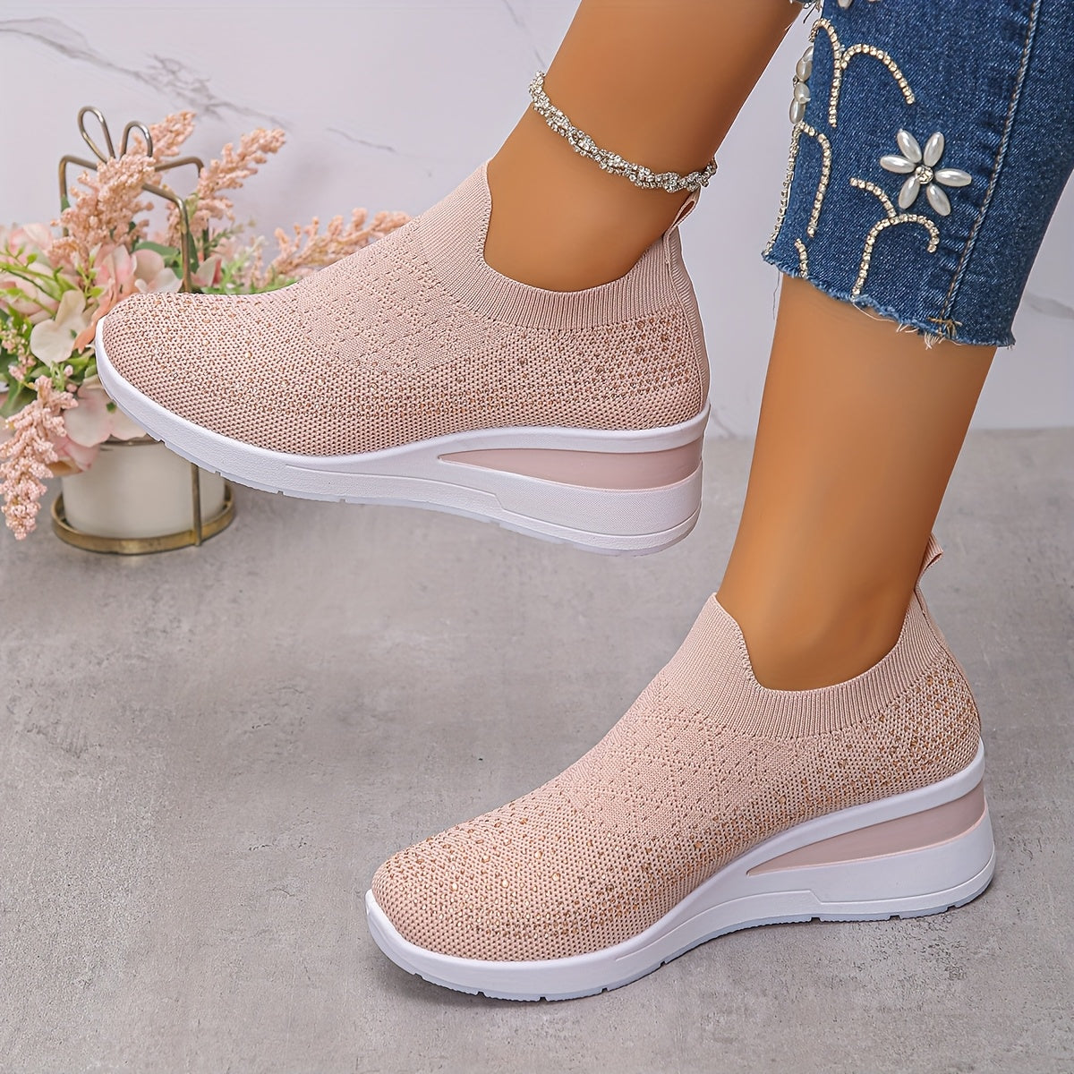 Women's Slip-On Sneakers Black with Platform Sole Cushioned Insole