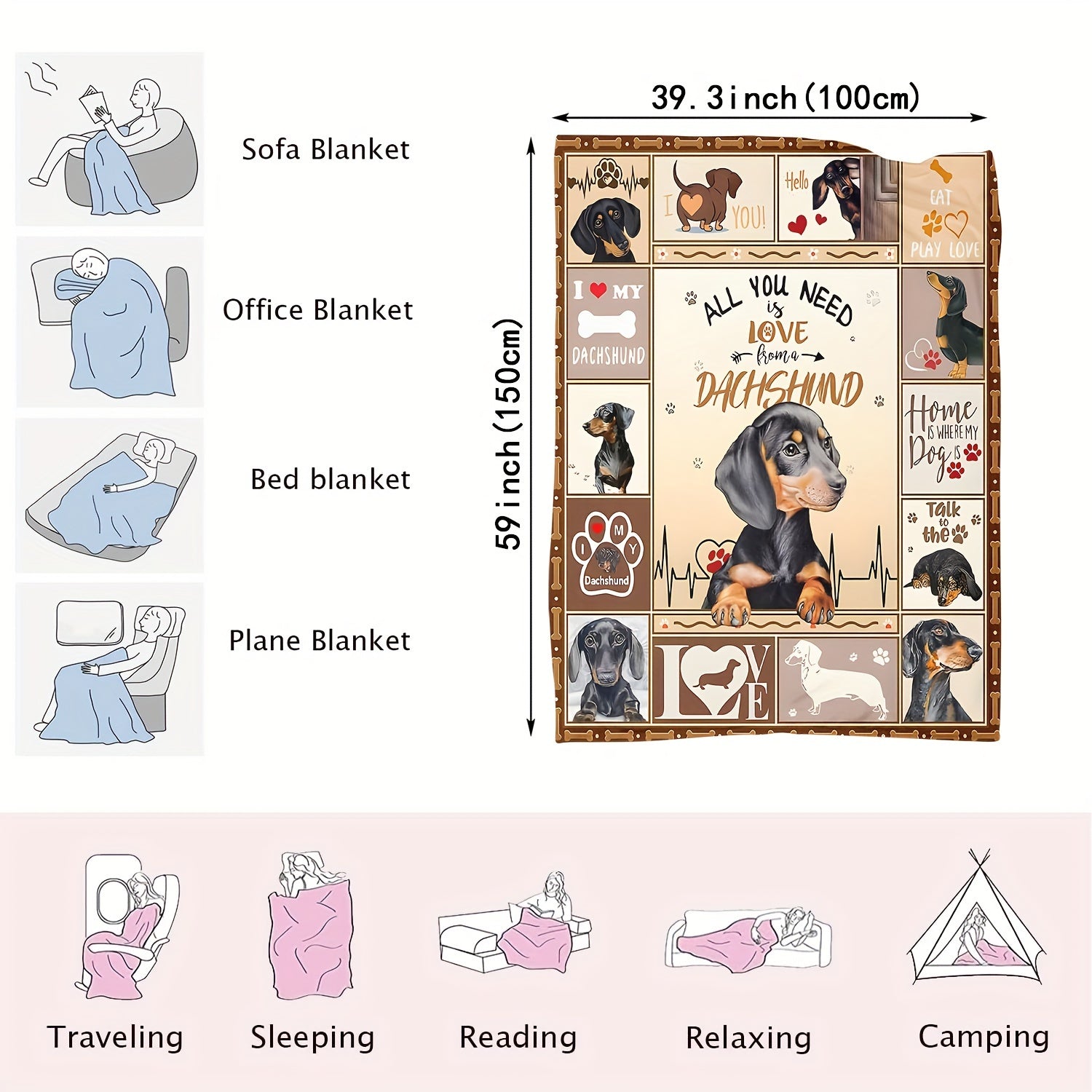 Manta de felpa suave con estampado de perro salchicha para niños y adultos, cálida, acogedora y multiusos