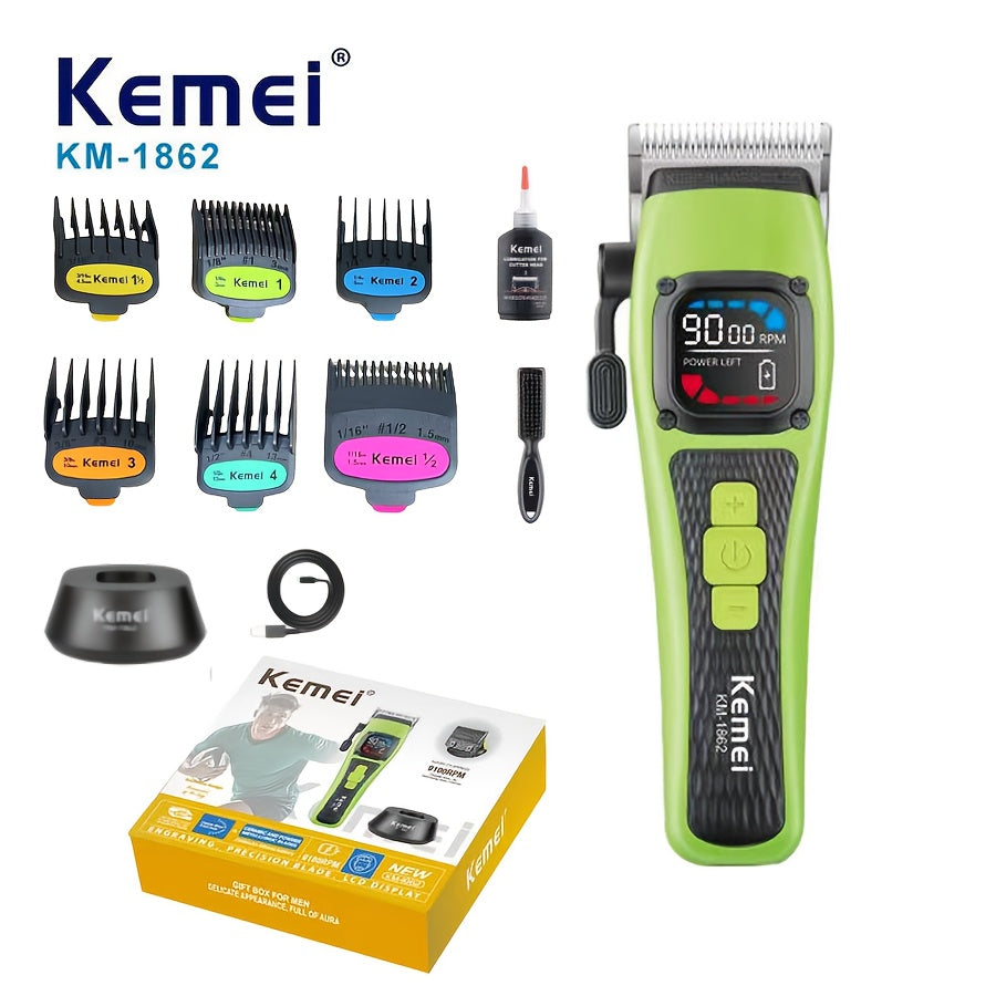 Kemei KM-1862 Elektr hairclipper: Kuchli quvvat, uzoq davom etadigan masofa, ko‘p g‘ildirakli sozlash, qayta zaryadlanuvchi litiy batareya.