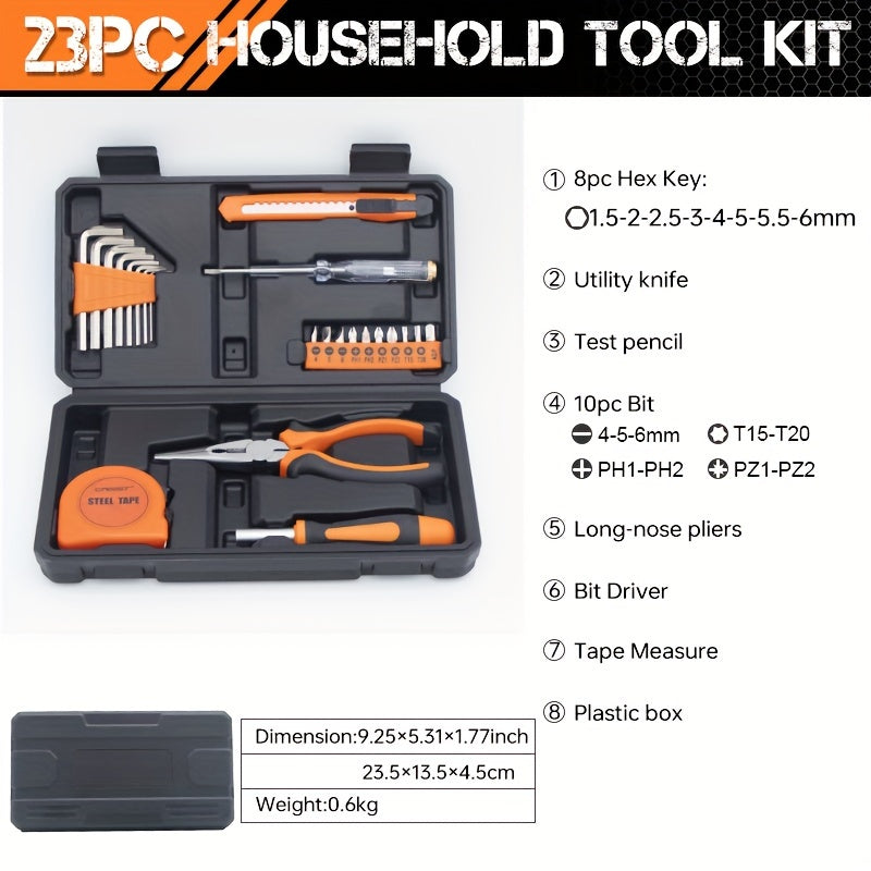 23-Piece Carbon Steel Home Tool Kit in Plastic Case for Household Car and Office Repairs