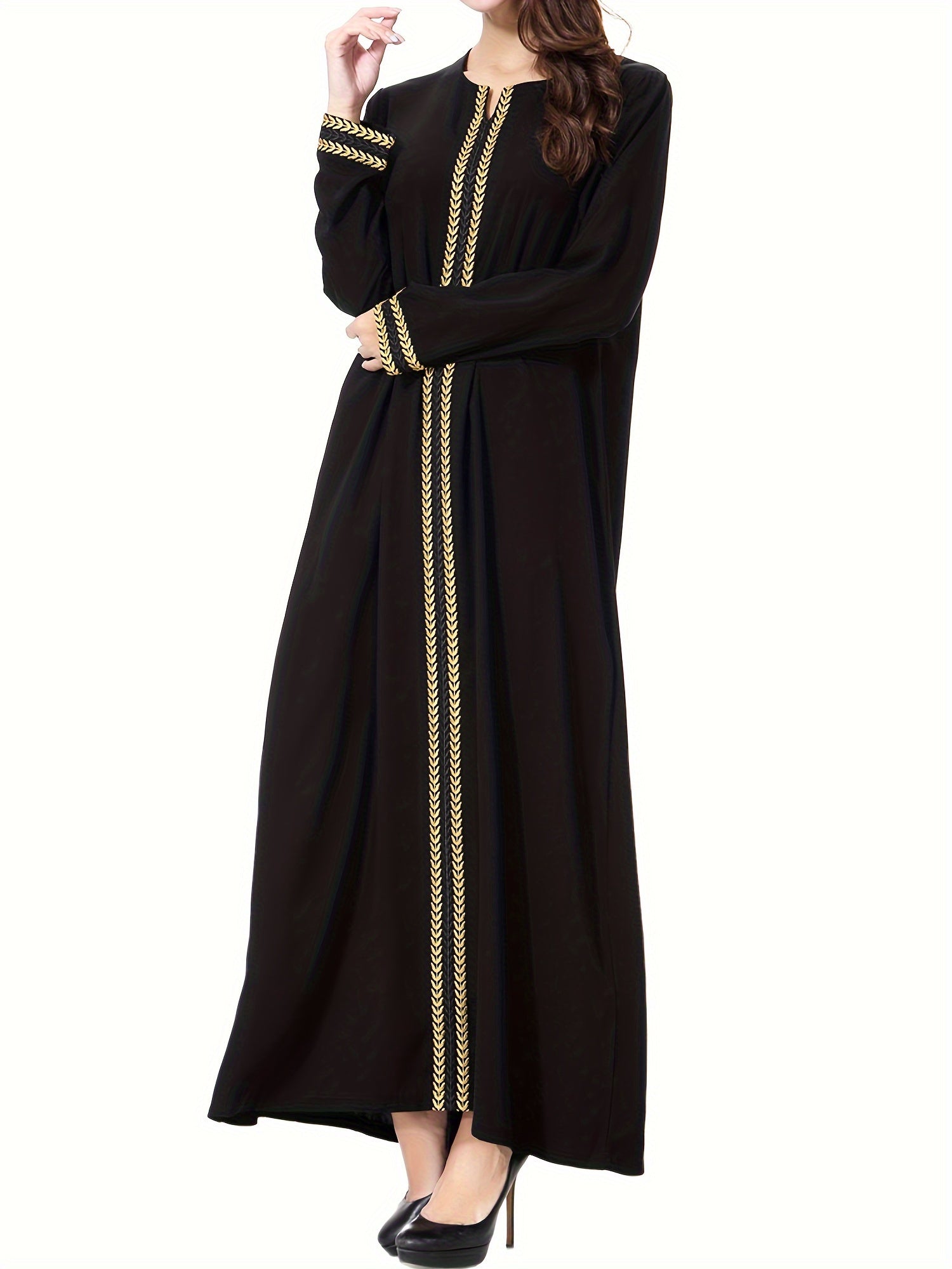 Modest Ramadan Dress with Golden Trim Long Sleeves Woven Polyester