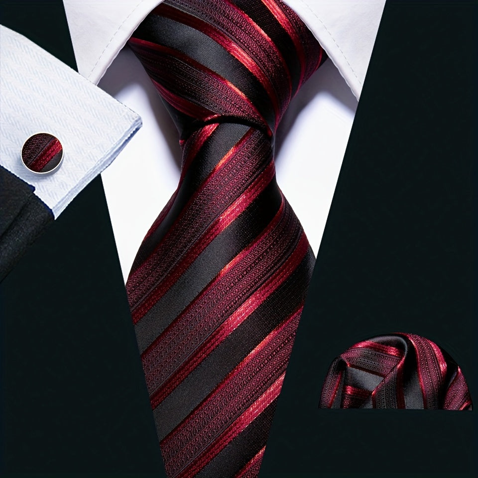 Men's Classic Striped Tie Set with Matching Handkerchief and Cufflinks for Formal and Casual Wear