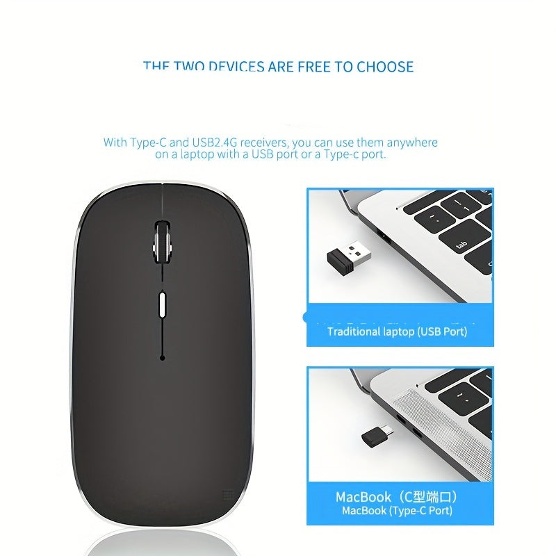Wireless Mouse Rechargeable Type-C 2.4G Dual Receiver Silent Durable Plastic
