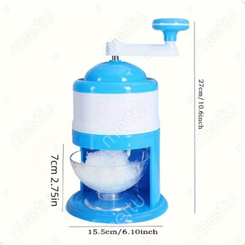 Qo'lda ishlovchi qo'lda ishlovchi muz maydalagich, smoothies va slushies uchun, quvvat talab qilinmaydi. Ko'k va oq dizayn, uy oshxonalari va restoranlar uchun ideal. Mustahkam tutqich dizayni, funksional dekor.