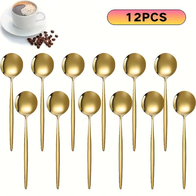 Set of 6/12 Gold-Tone Stainless Steel Dessert Spoons for Coffee Tea Beverages
