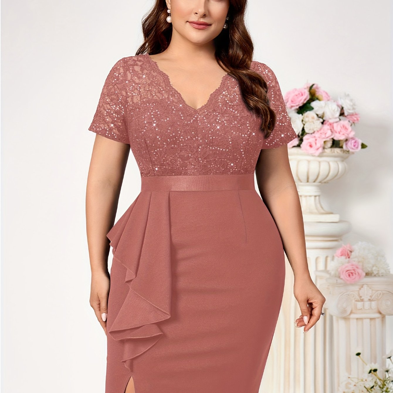 Plus Size Women's Sequin Lace Ruffle V-Neck Bodycon Dress Cocktail Party