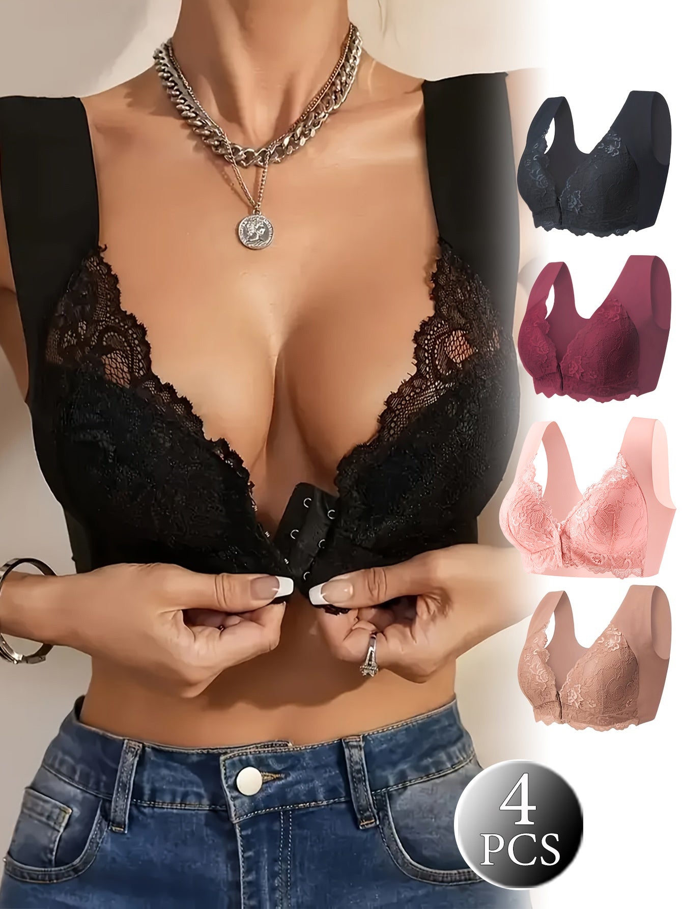 Women's Lace Front Opening Bra Fashion Underwear 4-Pack
