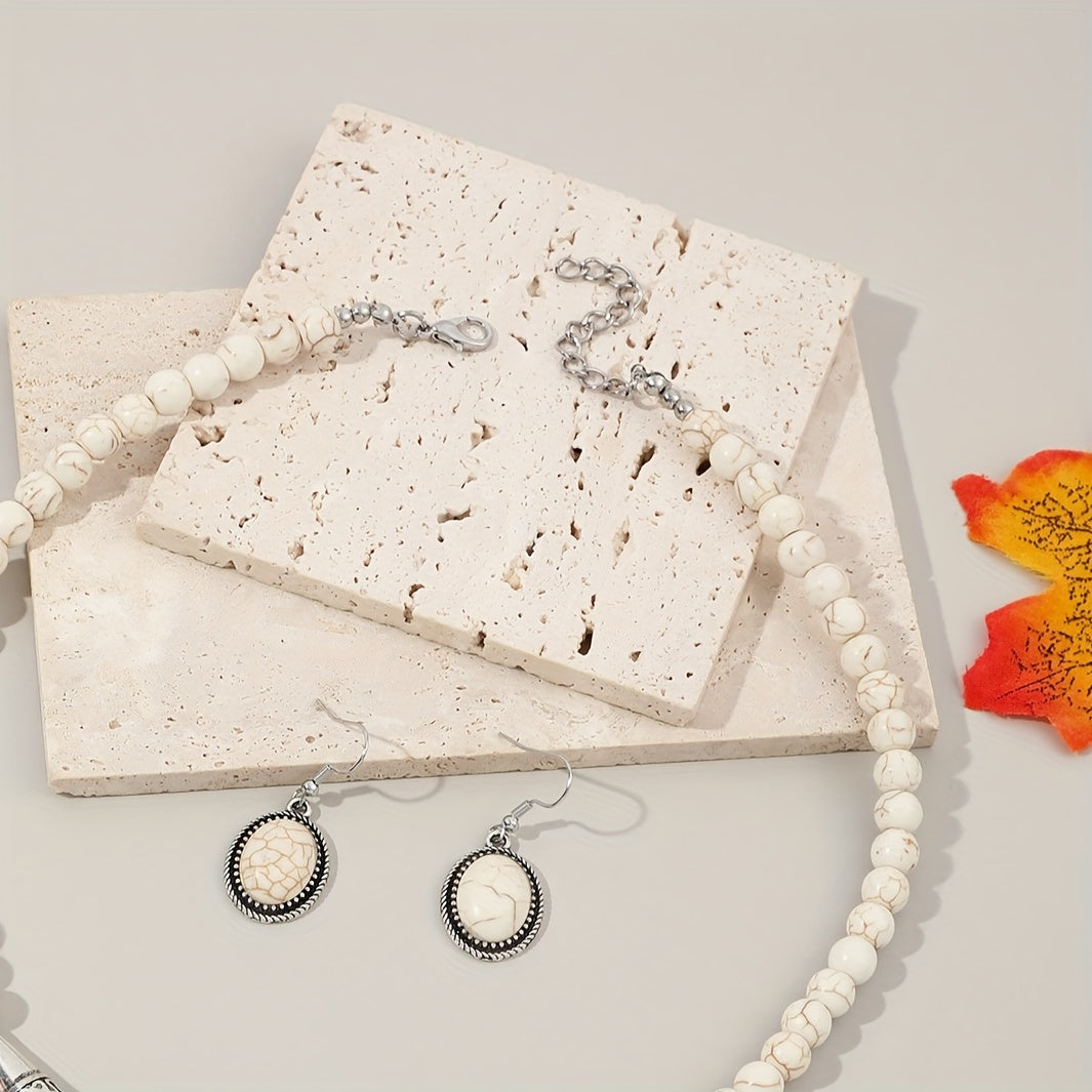 Boho Style Jewelry Set with White Turquoise Earrings and Necklace for Women
