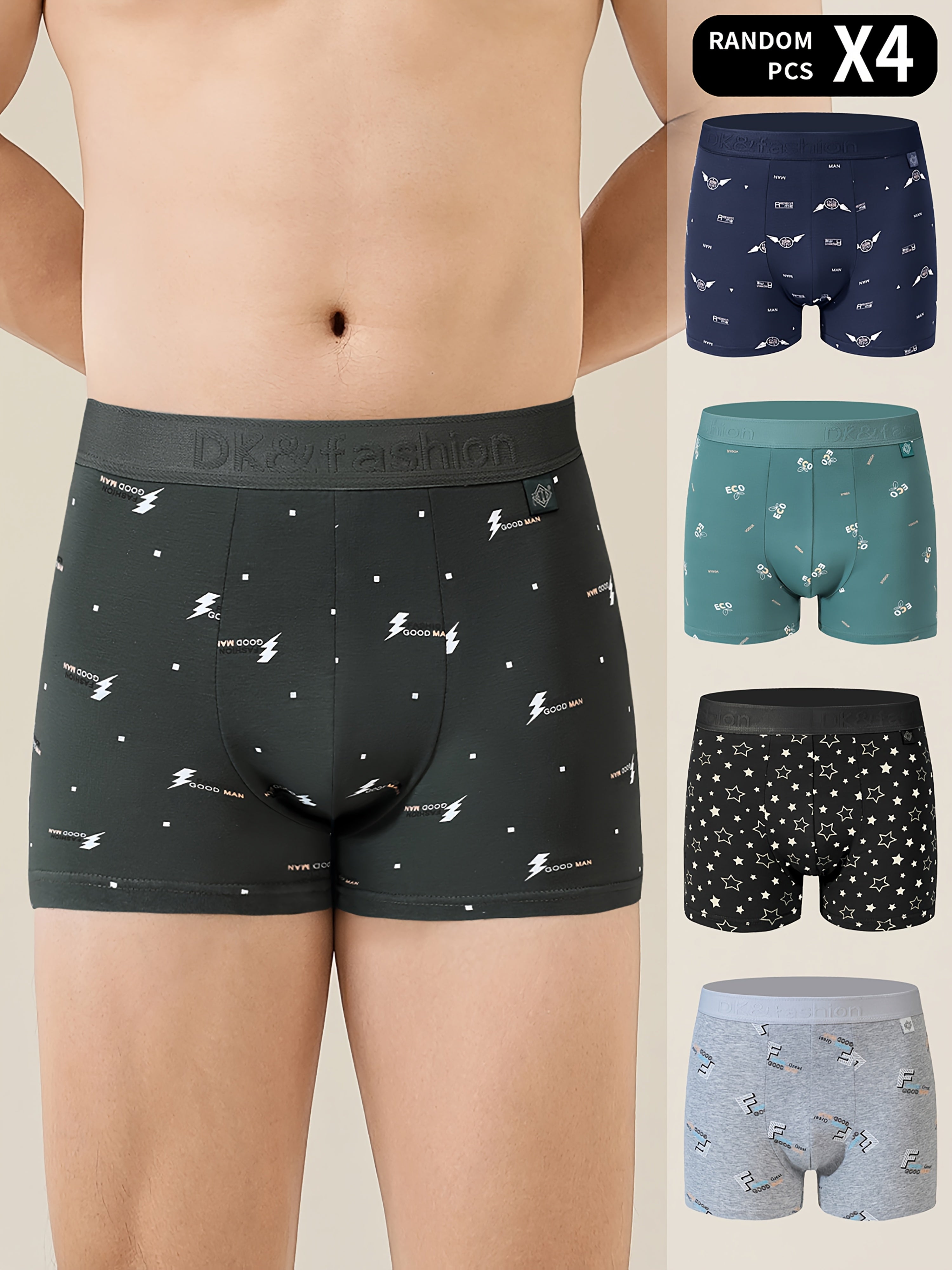 Men's 4-Pack Geometric Cotton Spandex Boxer Shorts Breathable Knit Casual Sports