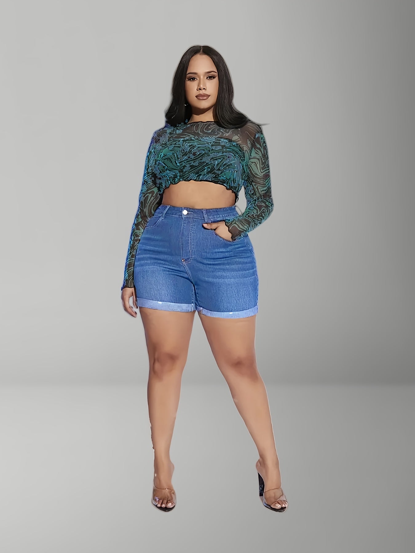 Plus Size Stretchy Versatile Rolled Hem Shorts for Women Blue 16 Inch Waist