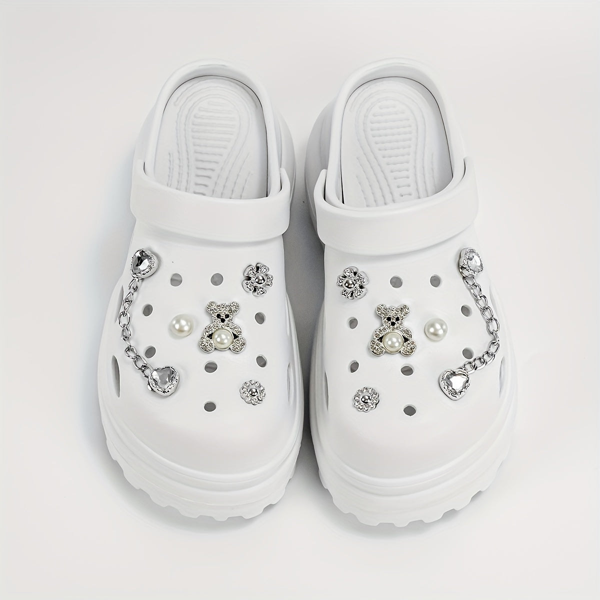 Women Silver Bear Chain High Heel Shoes 10cm Hole Style