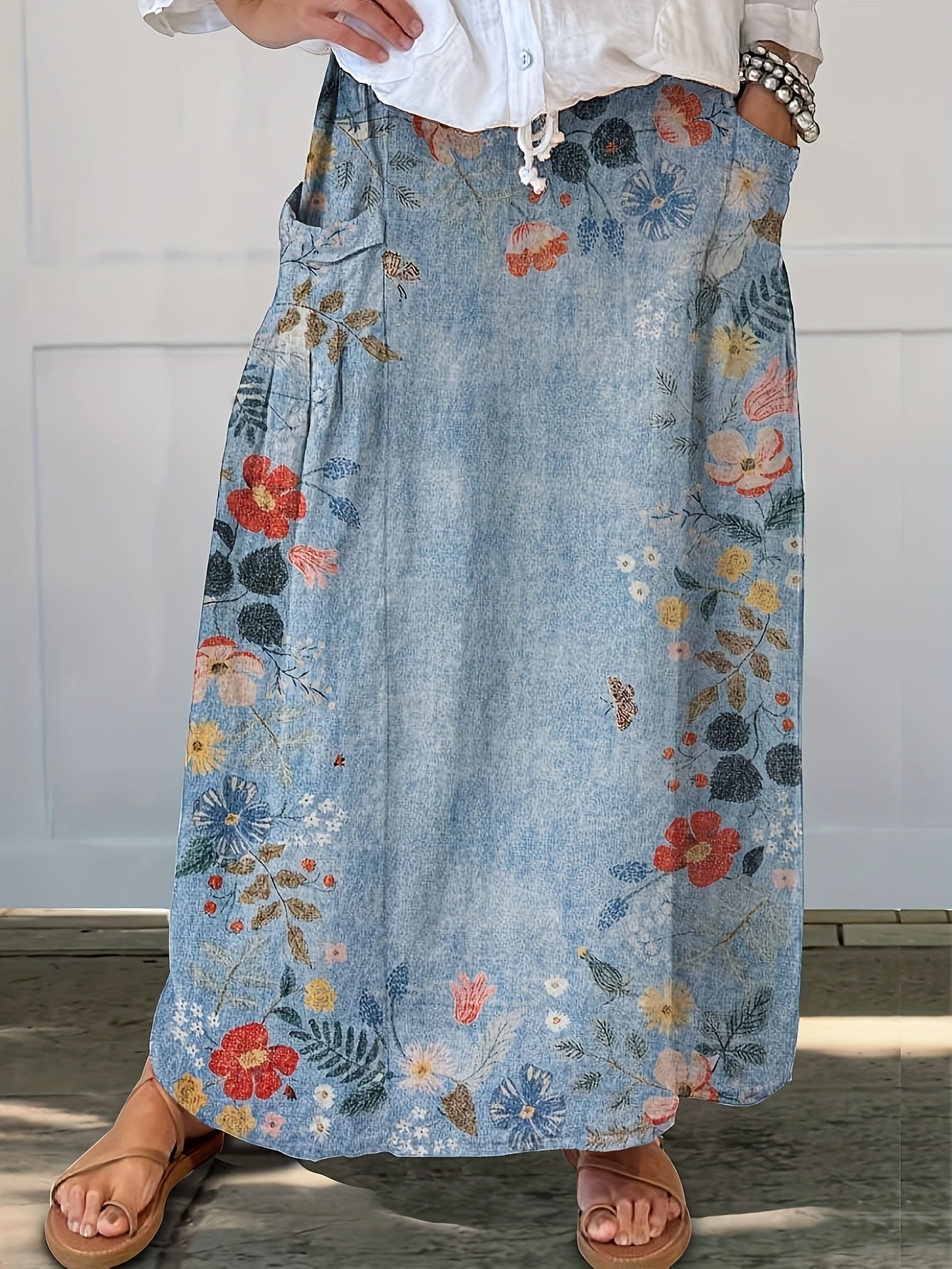 Plus Size Women's Floral Print Pencil Skirt Casual Straight Pockets All-Season