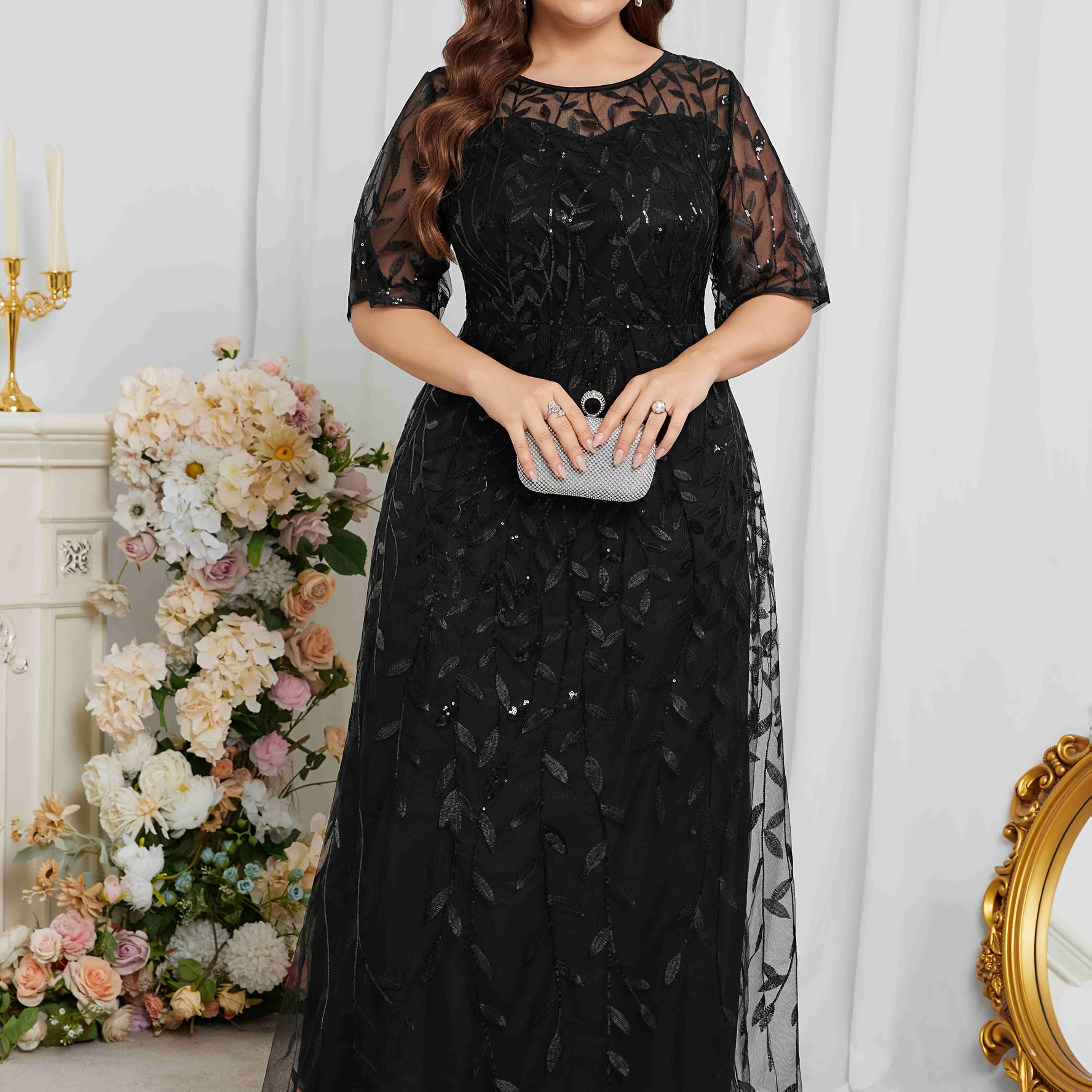 Plus Size Black Lace Trim Peplum Dress Sleeveless Floral Formal Wear