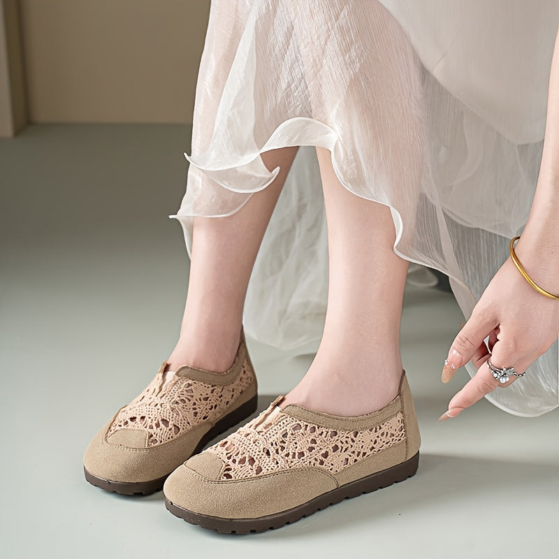 Women's Summer Breathable Lace-Trim Shoes Flat Casual Light Beige