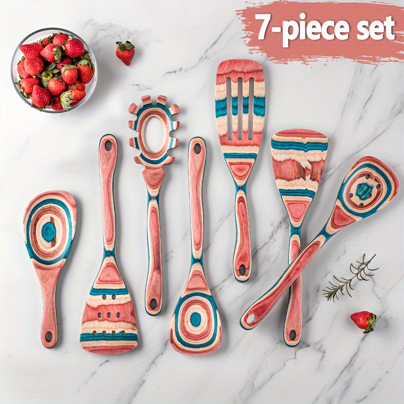 Set of 7 Colorful Wooden Kitchen Utensils Heat-Resistant Spatula Turner Spoon Fork Salad Servers