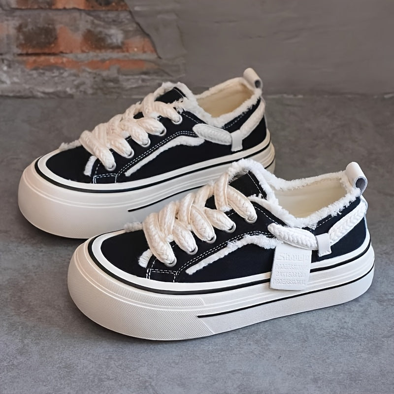 Women’s Chunky Platform Canvas Sneakers Breathable Casual Shoes Lace-Up