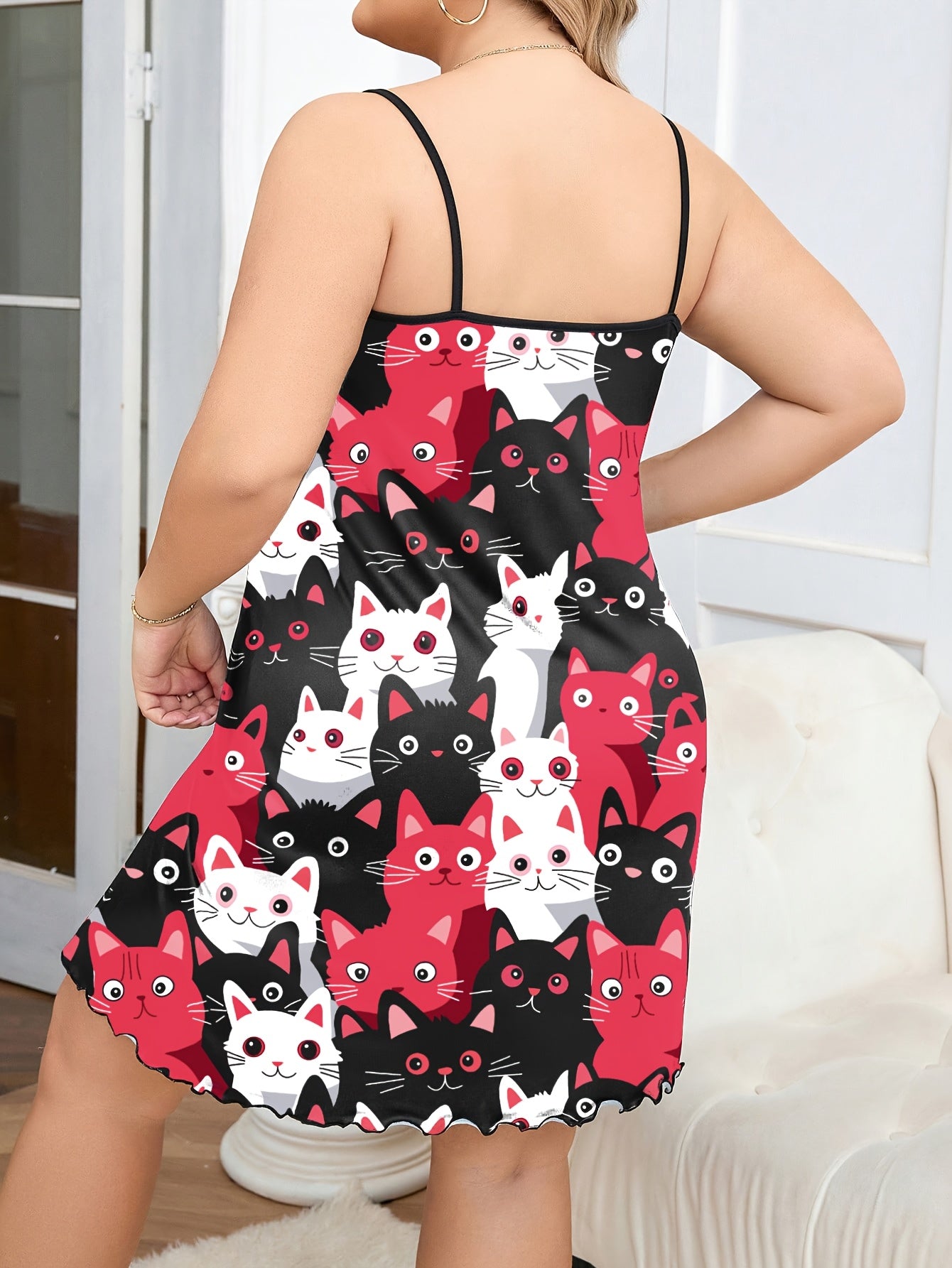 Женское безрукавное ночное платье повседневное красное и черное с принтом мультяшного кота