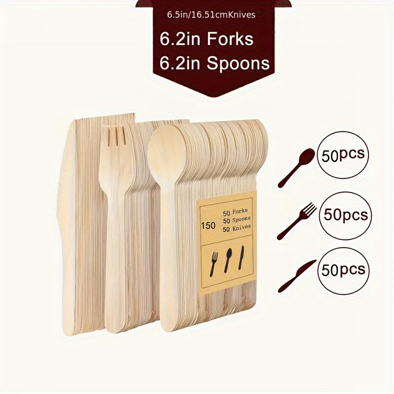 150 Disposable Birch Wood Utensils Pack 16cm for Parties Camping Weddings
