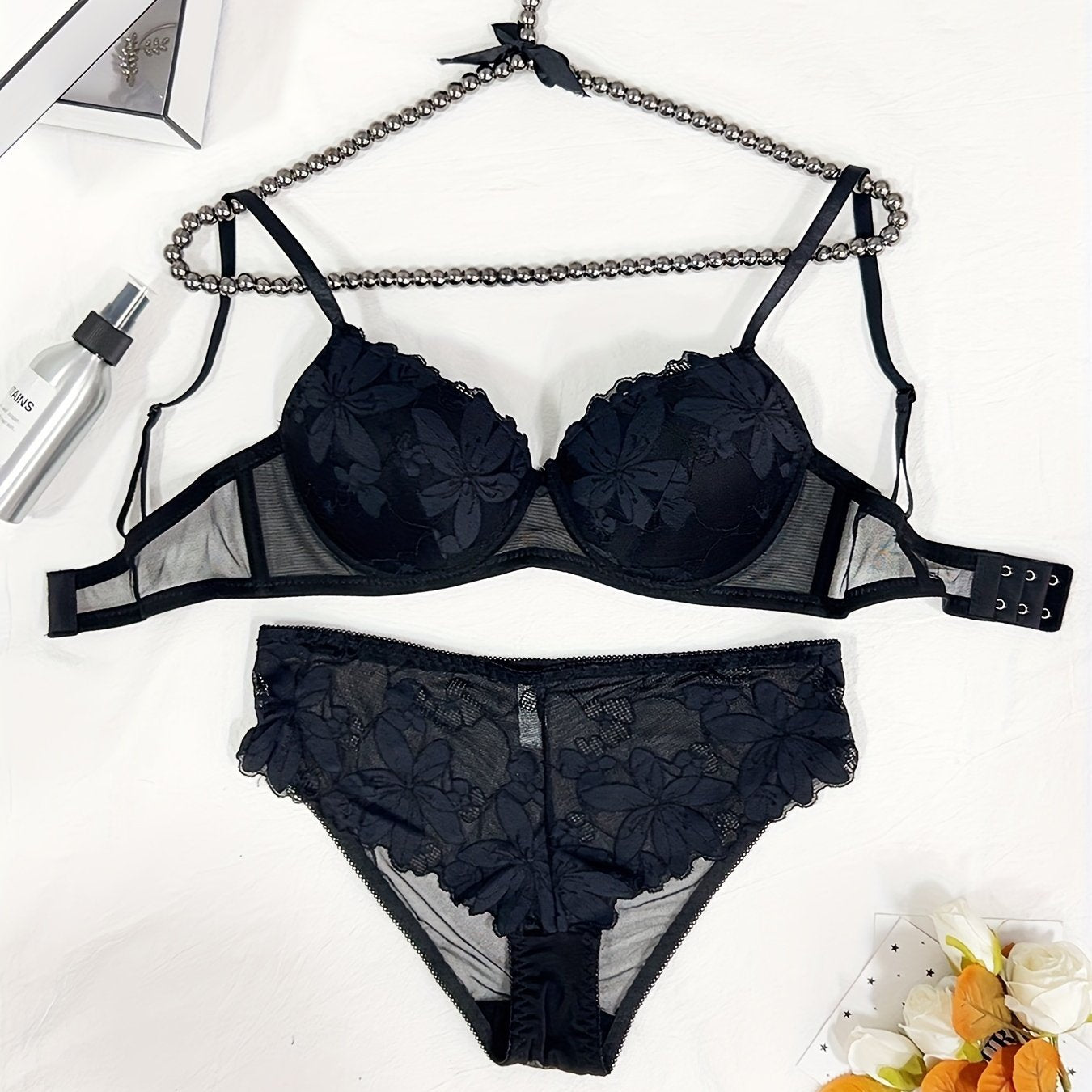 Women's Floral Embroidered Lingerie Set with Push-Up Bra and Thong