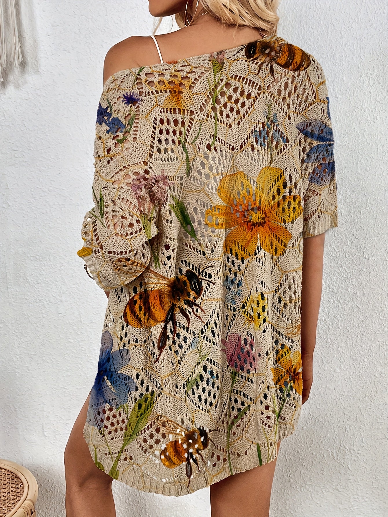 Women's Boho Short Sleeve Cardigan with Floral Print and Rhombus Cut-Outs