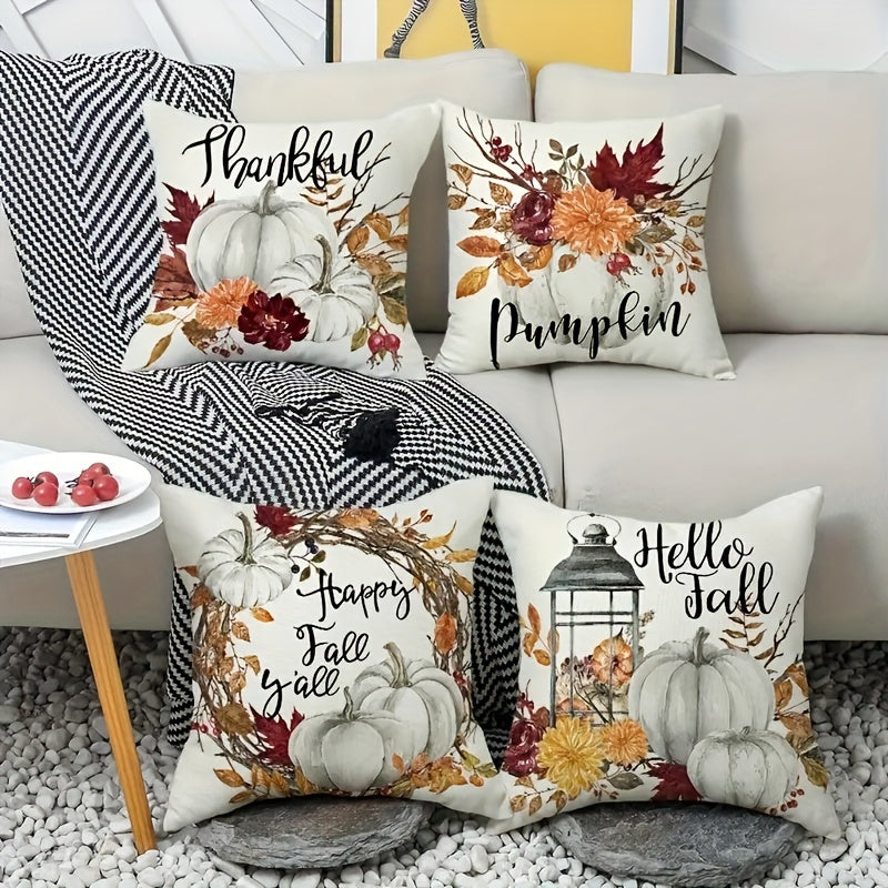 4-набор подушек с осенним дизайном для Дня благодарения - Машинная стирка, с молнией, полиэстеровые чехлы - Тканевые декоративные чехлы для подушек для дивана в гостиной (44,96x44,96 см, без вставки)