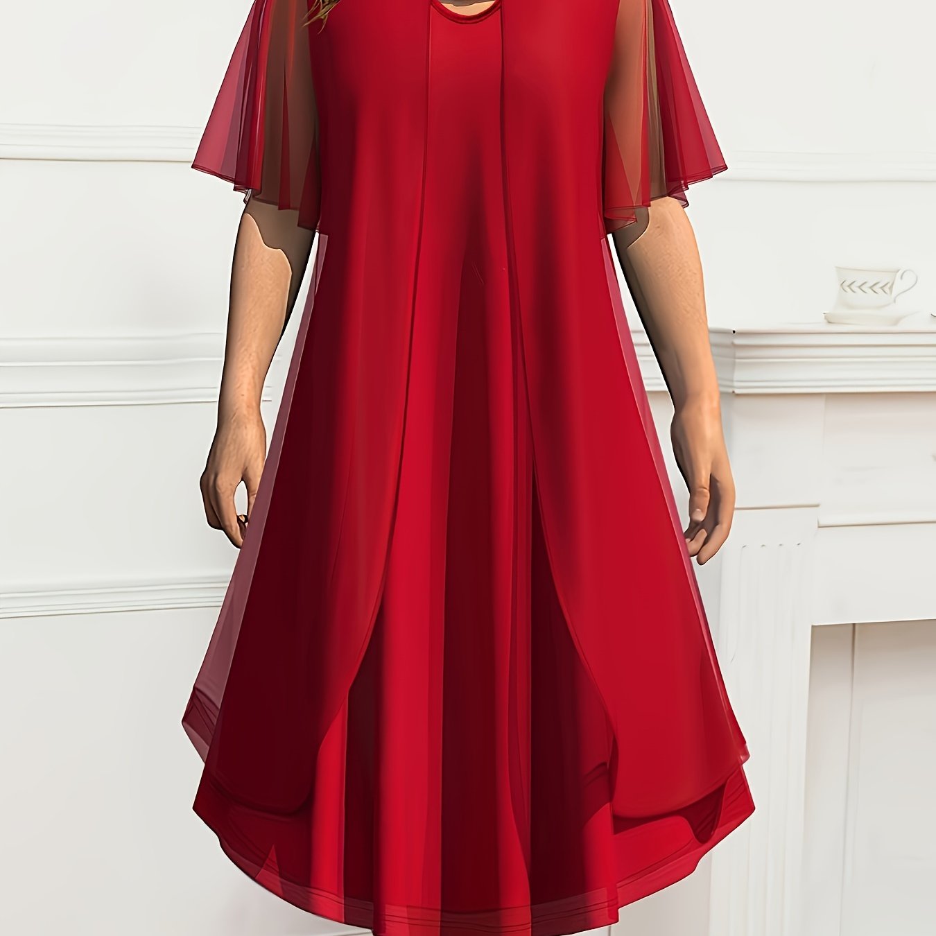 Red Chiffon Dress for Women with Round Neck Half Sleeves Flowy A-Line Keyhole Summer Spring Fall