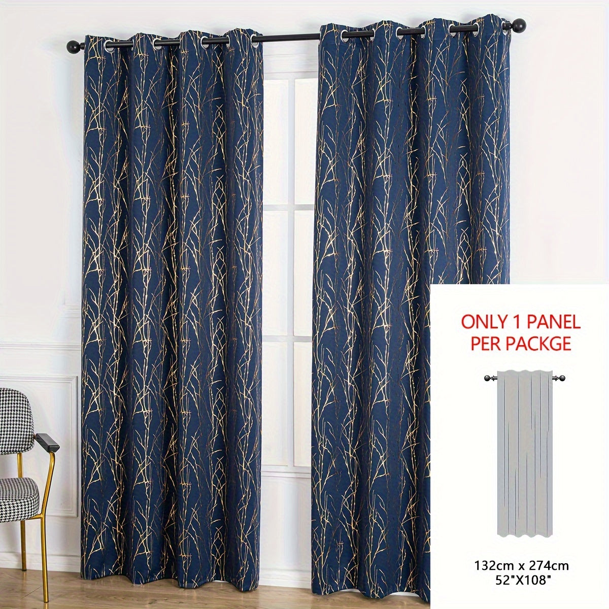 Blackout Curtain with Gold and Silver Tree Branch Pattern for Bedroom Living Room Office