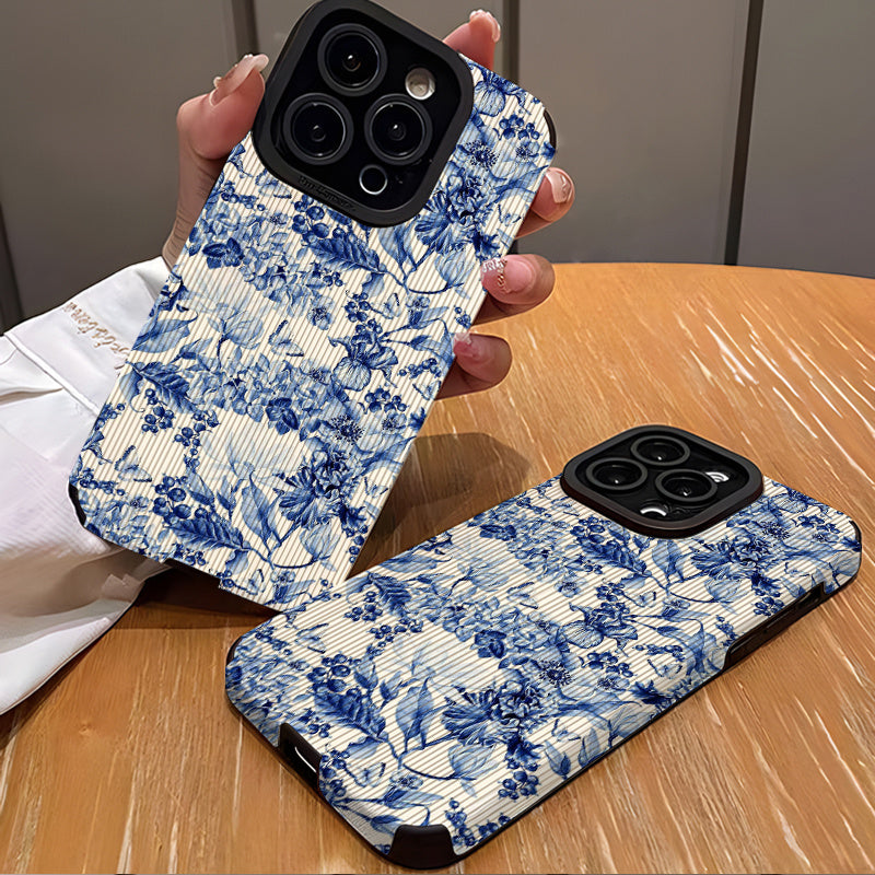 iPhone 16 Pro Max va boshqa modellari uchun ko‘k rangli gulzor TPU telefon qutisi, anti-ushlash silikon va charm qoplamasi bilan