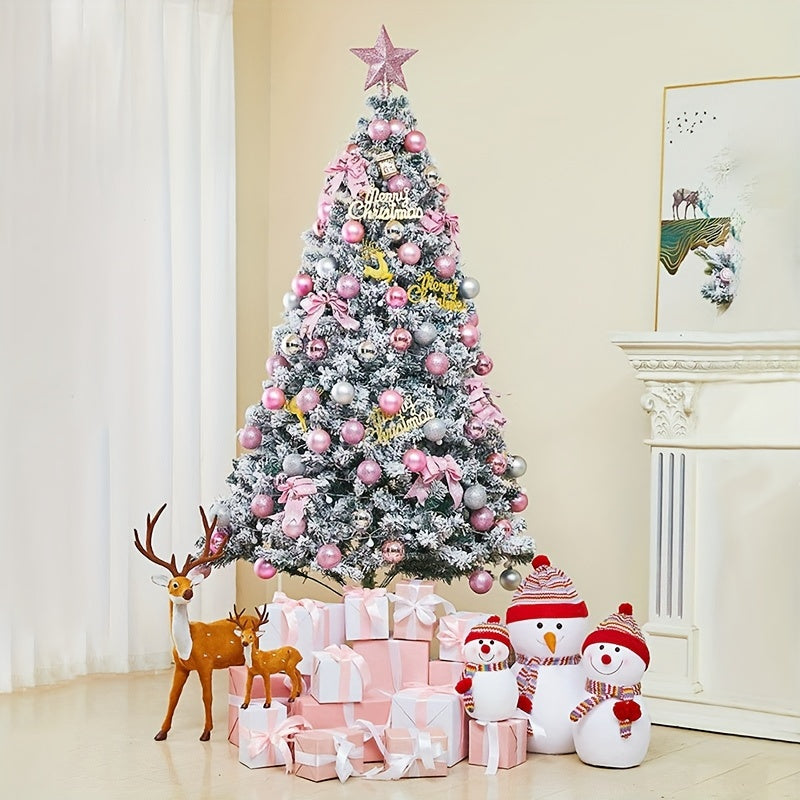 Lifelike Snow-Sprayed Christmas Tree Set with Ornaments Top Star and Letter Signs White Pink