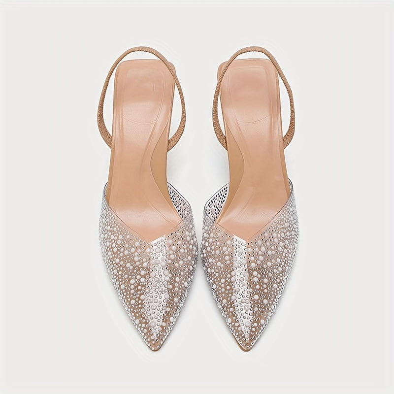 Women's Pointed Toe Rhinestone Stiletto Sandals Summer Slip-On