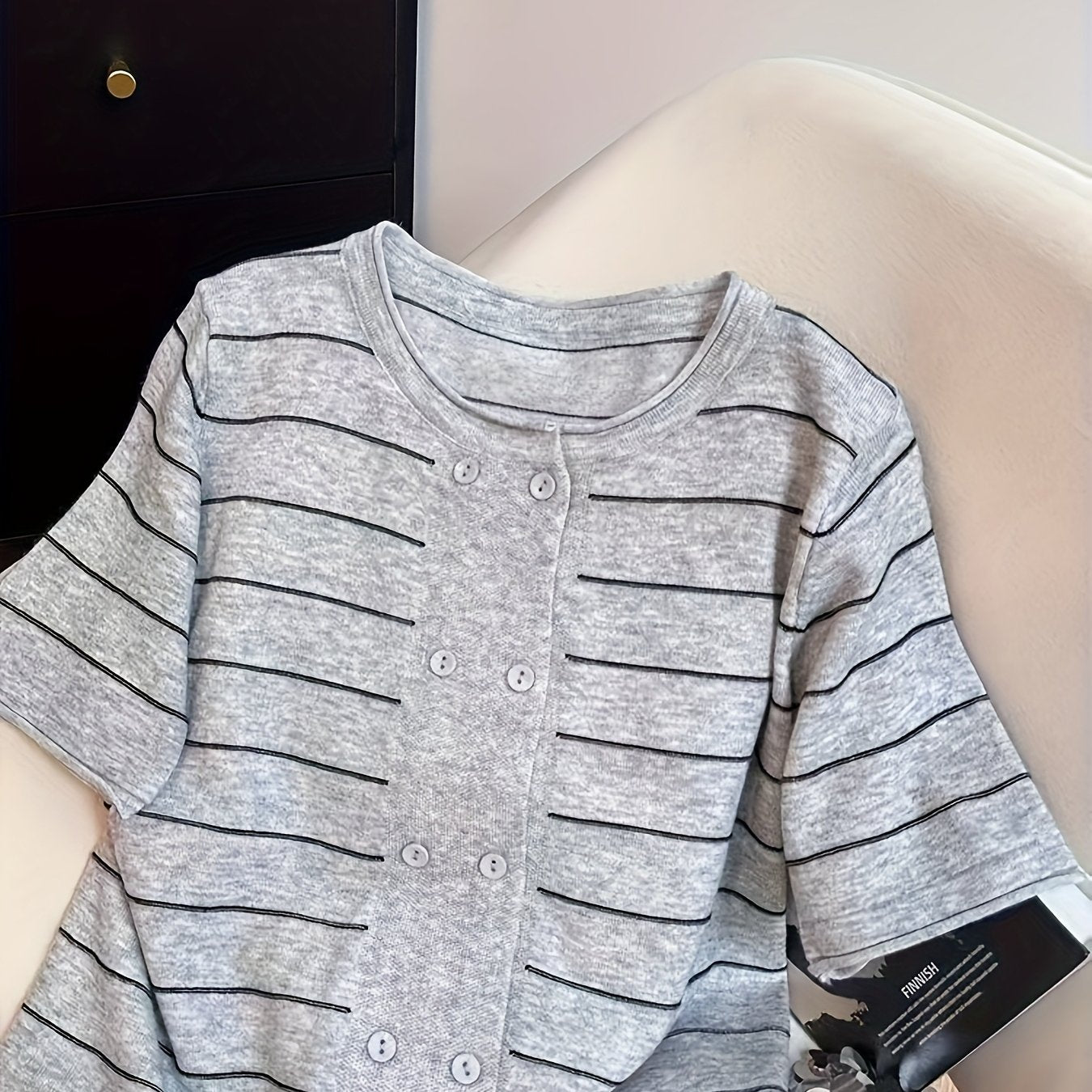 Plus Size Women's Striped Cardigan Light Gray White Short Sleeve Casual Top