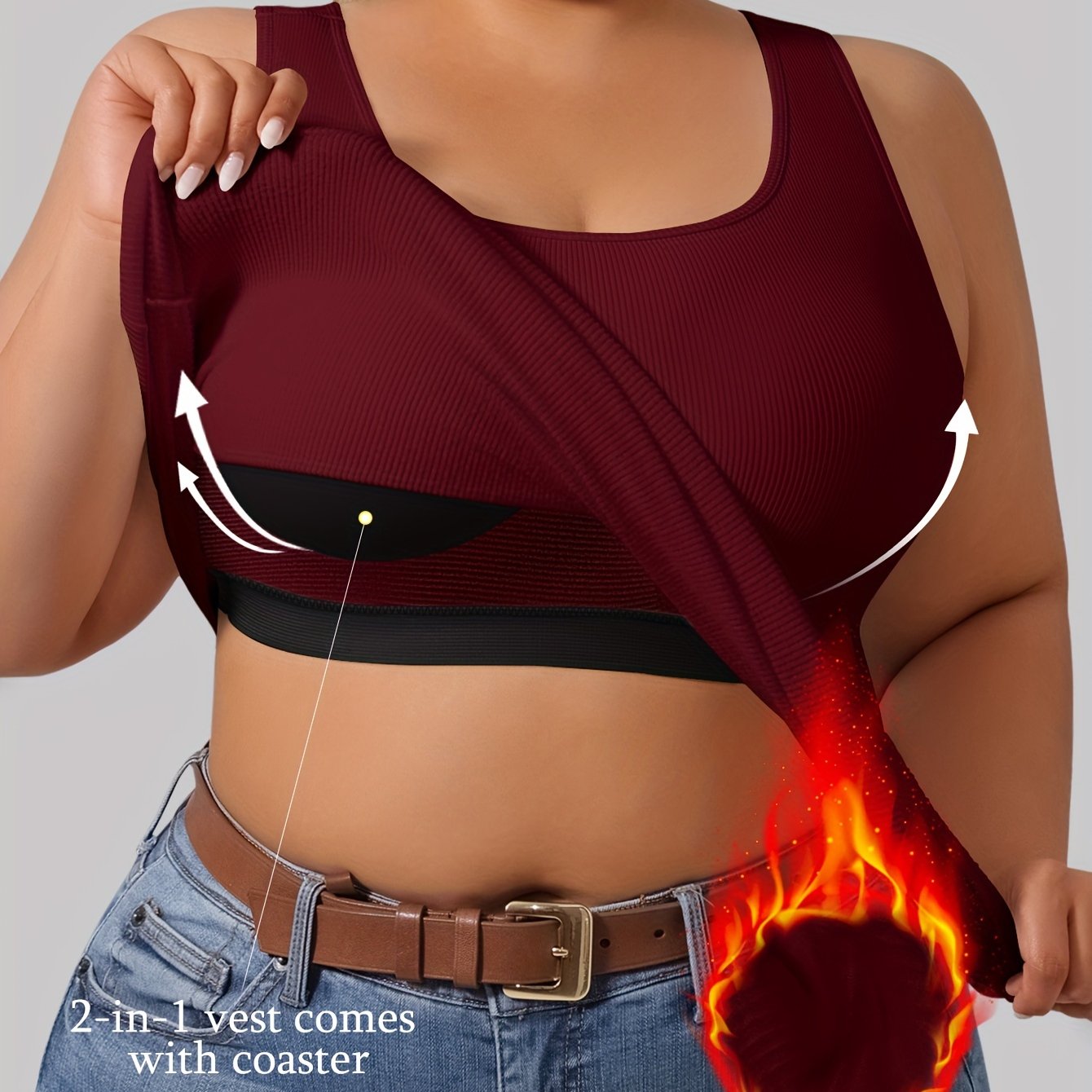 Plus Size Women's Ribbed Thermal Vest with Built-in Cup Pads for Autumn Winter