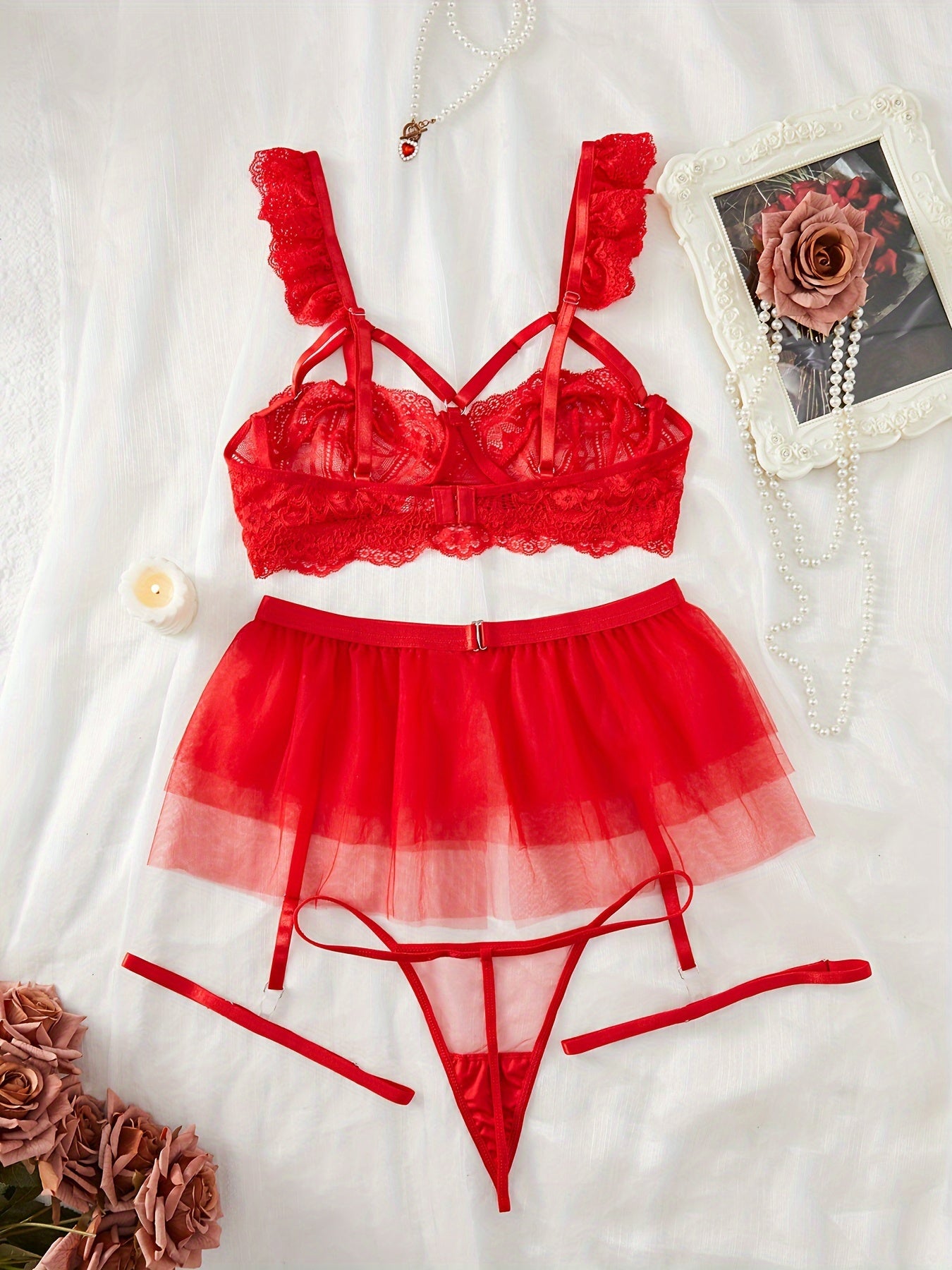 Red Lace Lingerie Set with Mesh Underwear Garter Belt and Leg Garters
